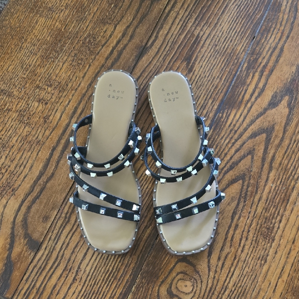 A New Day Black and Tan Studded Slide Sandals